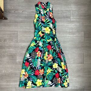 Vtg 80s Tropical Floral Collared Sleeveless Drop Waist Dress Laine USA Size 8